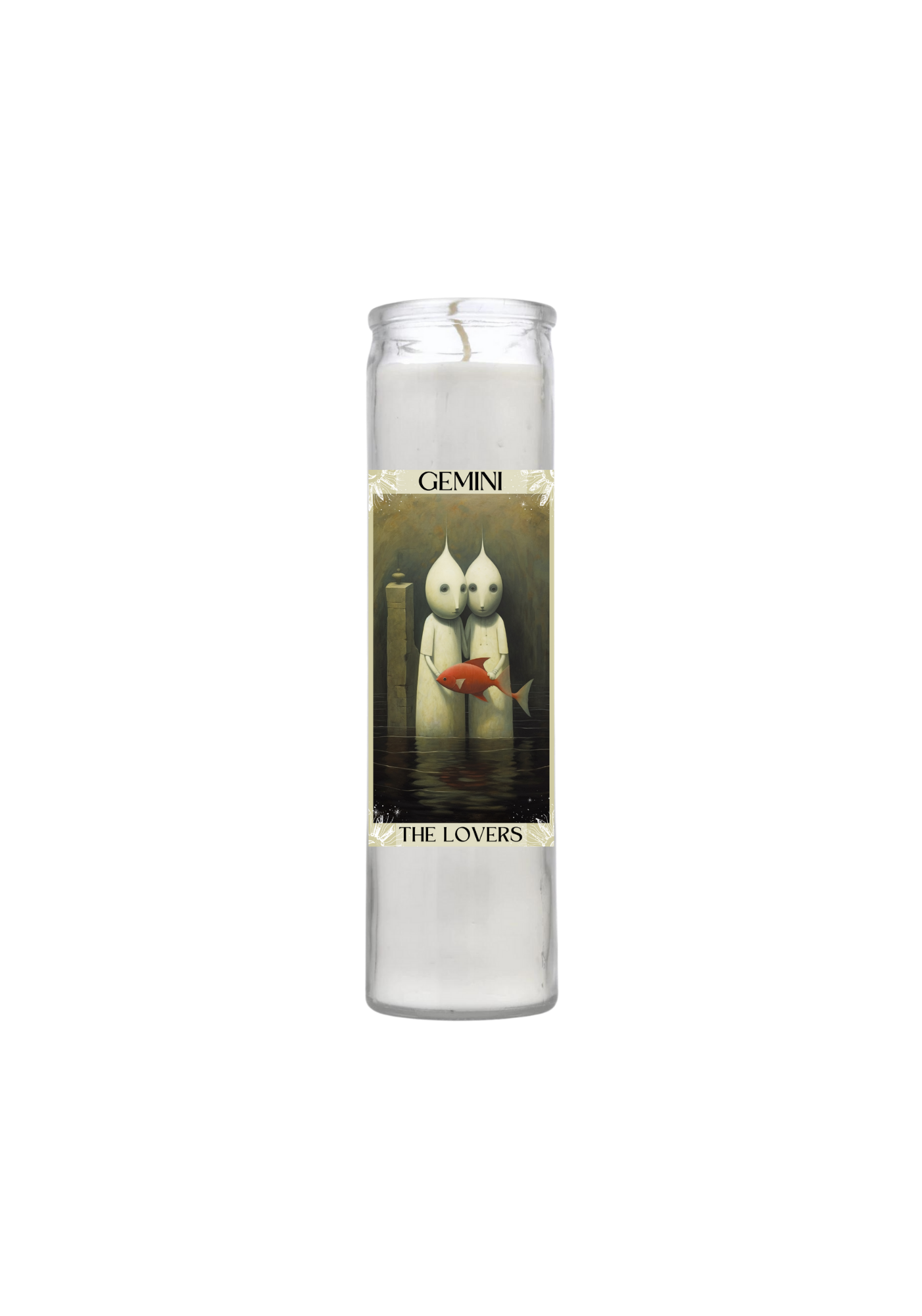 A tall 7-day glass Gemini zodiac vigil candle. The label features surrealist art of two pale, identical figures standing in dark water together holding a bright red fish, with 'GEMINI' and 'THE LOVERS' text.