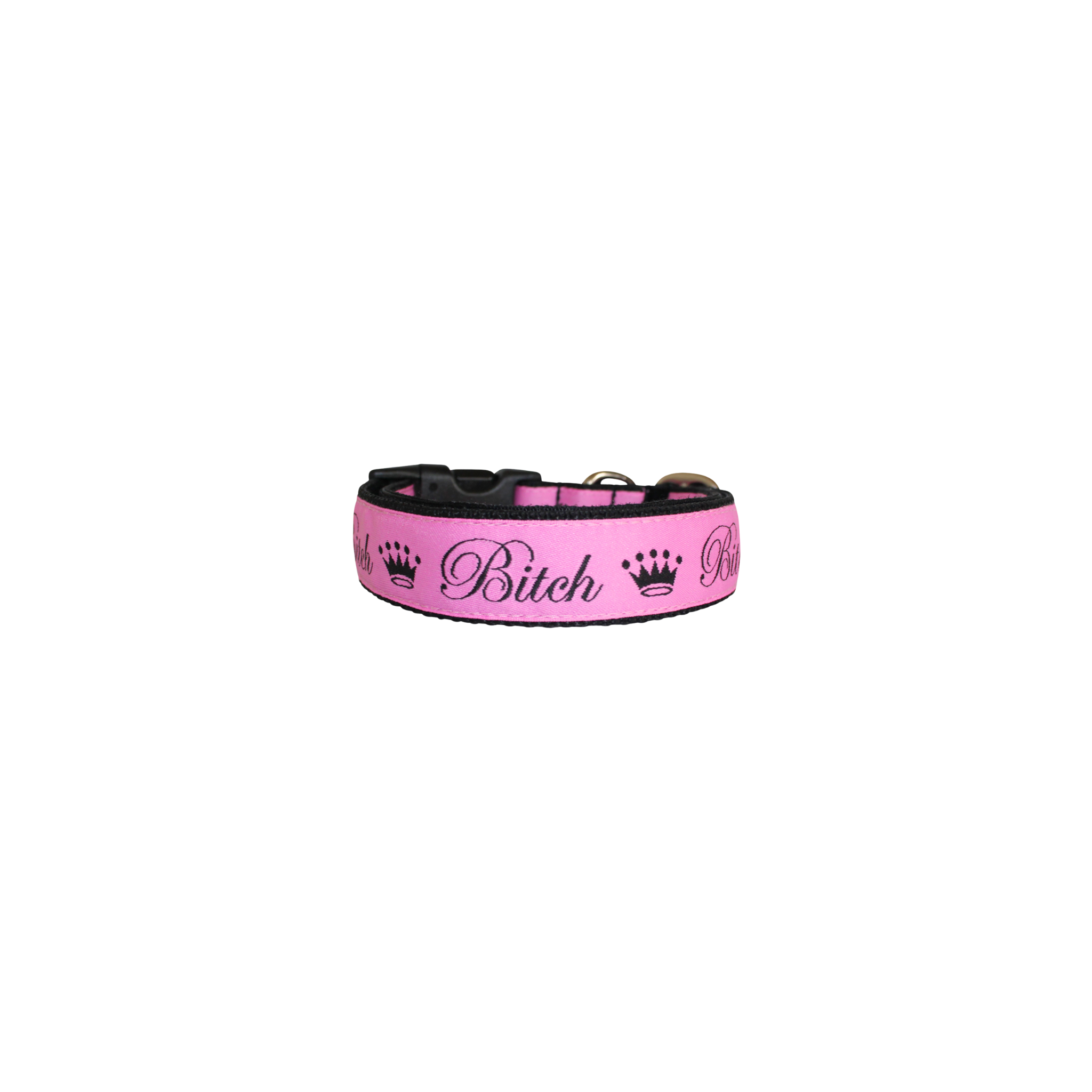 Queen Bitch pink and black woven ribbon dog collar with black buckle