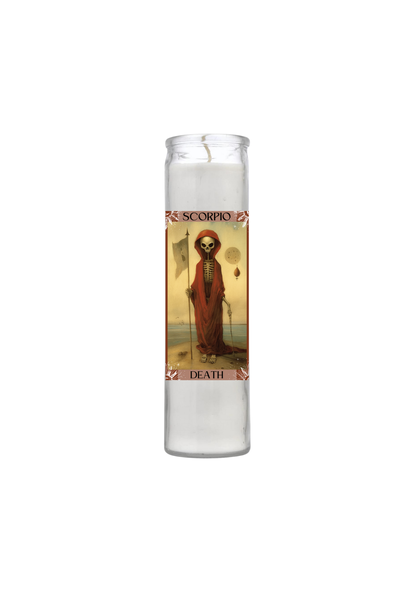 A tall 7-day glass Scorpio vigil candle. The label features surrealist art of a skeleton in a flowing red hooded robe standing on a sandy shore by the sea, holding a grey flag, with 'SCORPIO' and 'DEATH' text.