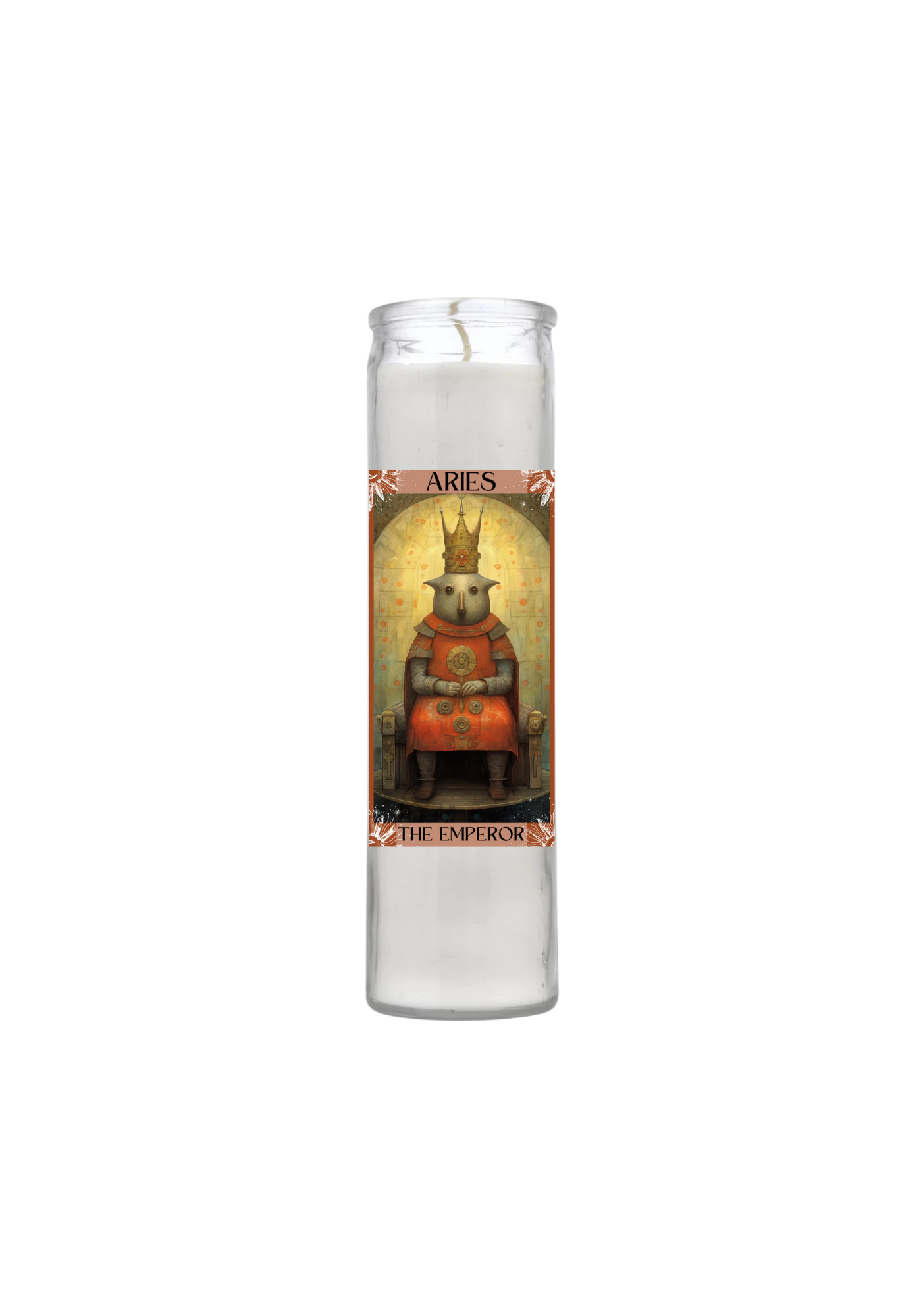 A tall 7-day glass Aries zodiac vigil candle. The label features surrealist art of a fierce, horned ram warrior figure with armored chest and glowing red eyes, holding a dark staff, with 'ARIES' and 'THE EMPEROR' text.