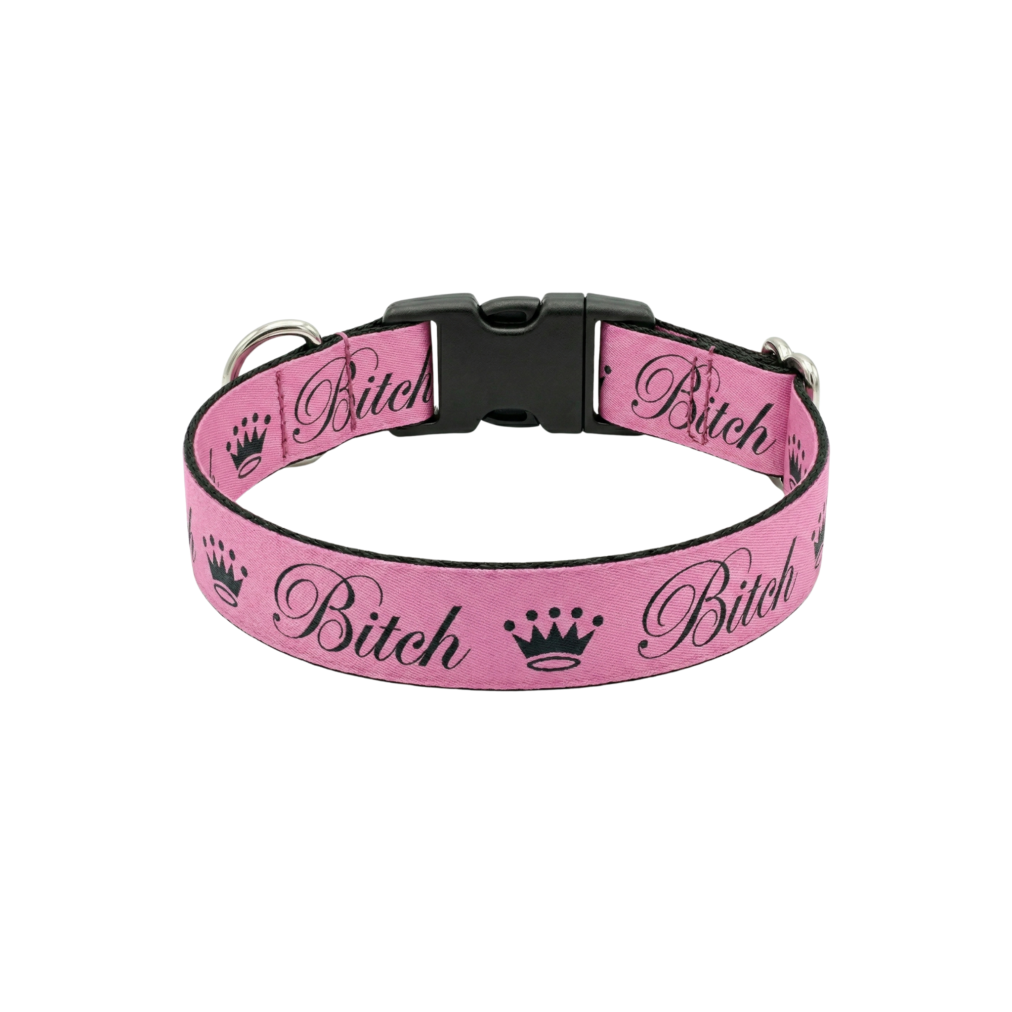 Pink and black Queen Bitch woven dog collar with personalized silent ID buckle.