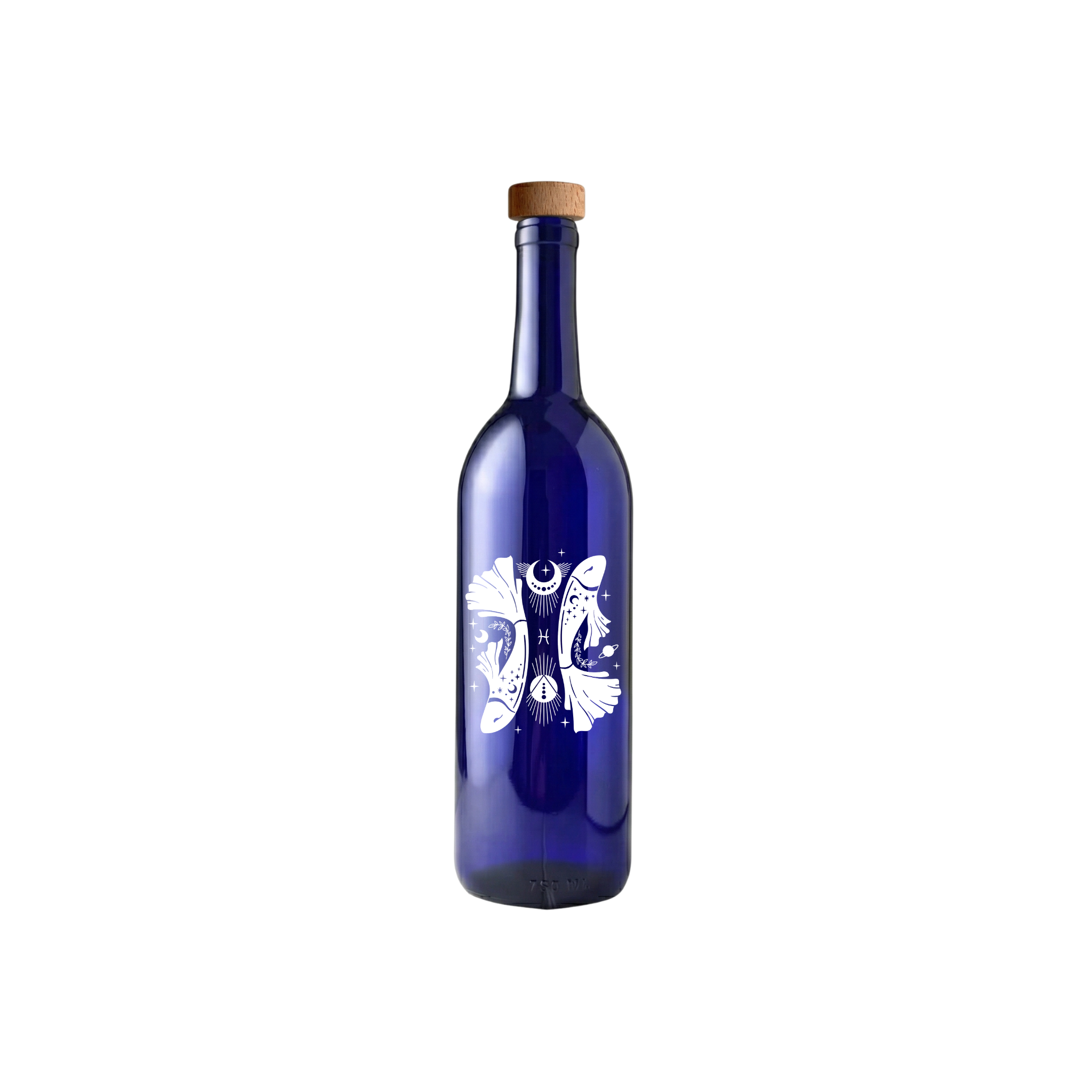 Custom engraved cobalt blue glass Pisces zodiac bottle featuring astrological traits and a personalized wooden stopper.