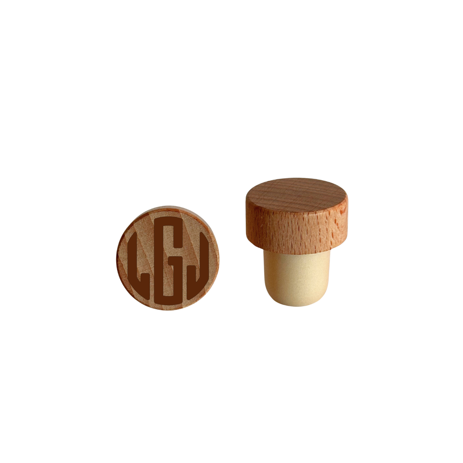 The Romantic: Hand-crafted wood bottle stopper with graceful script monogram for a curated home bar.