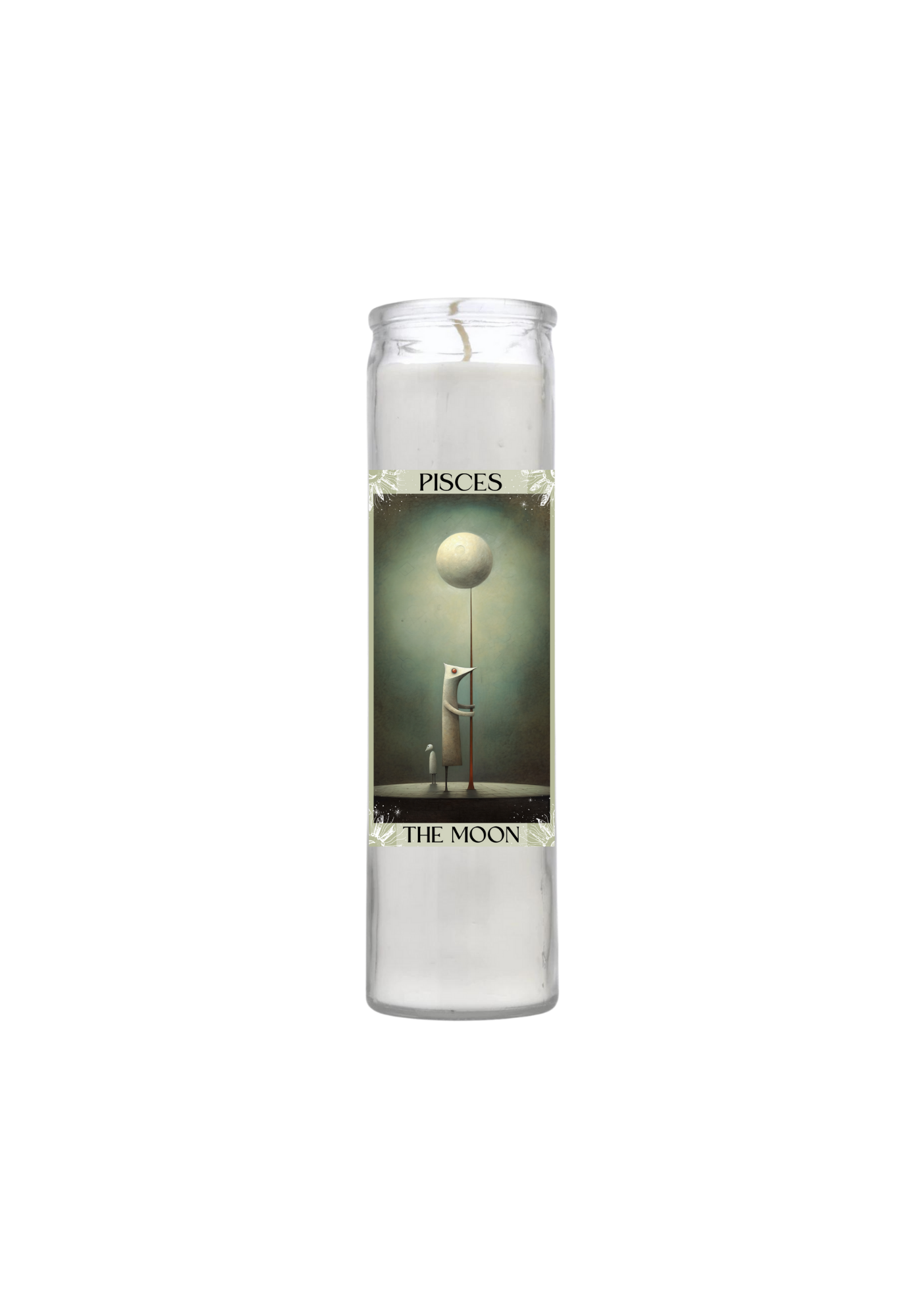 A tall 7-day glass Pisces zodiac vigil candle. The label features surrealist art of a slender, pale figure holding a tall thin staff topped with a large glowing moon sphere, with 'PISCES' and 'THE MOON' text.